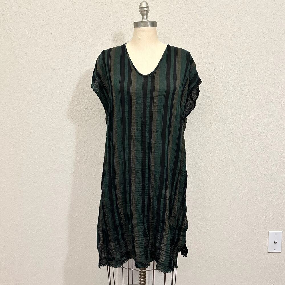 Eileen Fisher Caftan Dress Green Black Striped Gauze Frayed Sleeveless